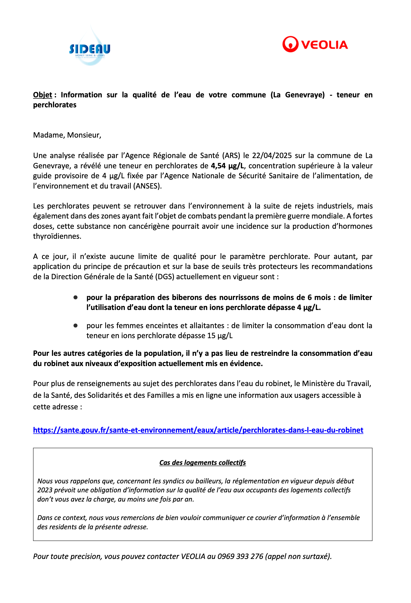 Information sur la qualité de l’eau de votre commune (La Genevraye) - teneur en perchlorates